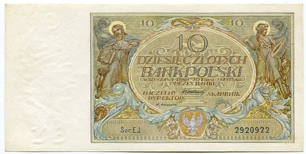 Awers banknotu dziesięciozłotowego z 1929 roku